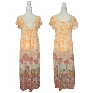 Vtg 70s Sears Maxi Nightgown Dress L Dreamy Print Flutter Angel Sleeve Babydoll